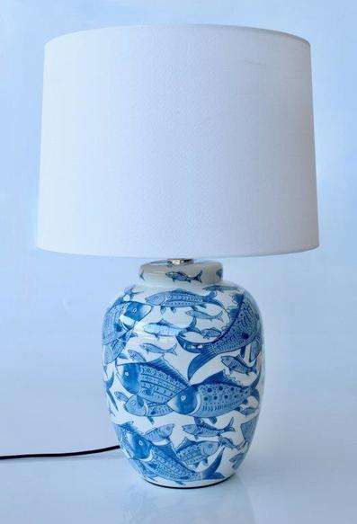 Blue White Fish Lamp Base off White Shade