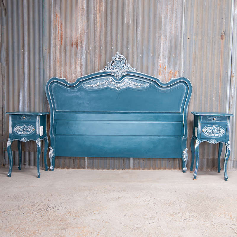 Blue French Headboard & Pedestals