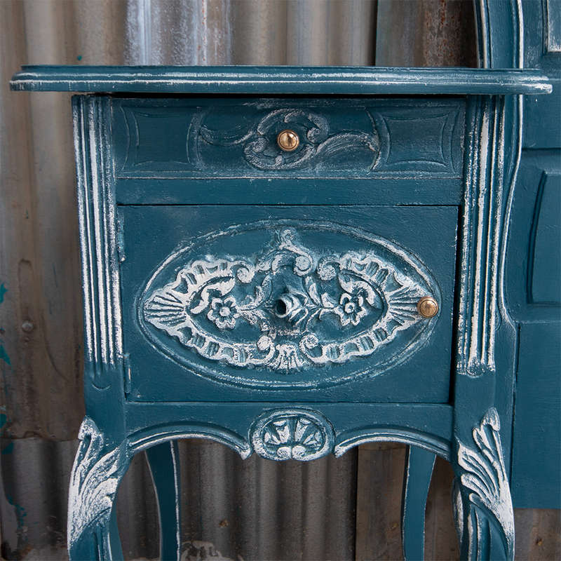 Blue French Headboard & Pedestals