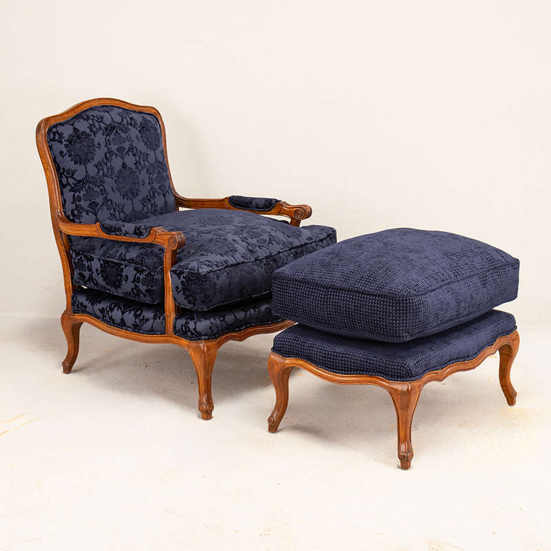 French Carved Chair with Footstool