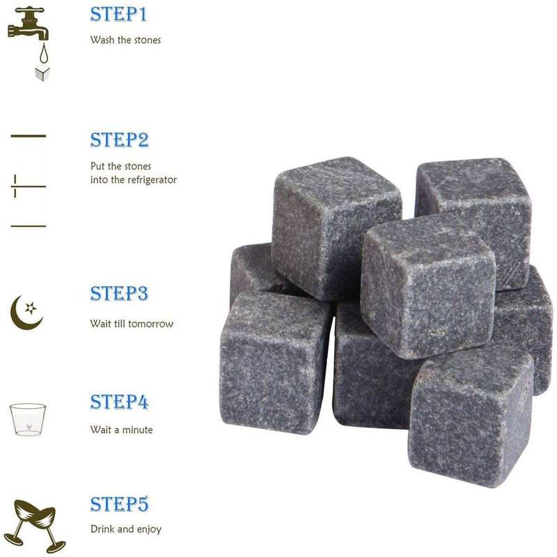 Whiskey Drinks Chilling Stone Rocks With Wooden Box &amp; Storage Bag Pack Of 9 Stones