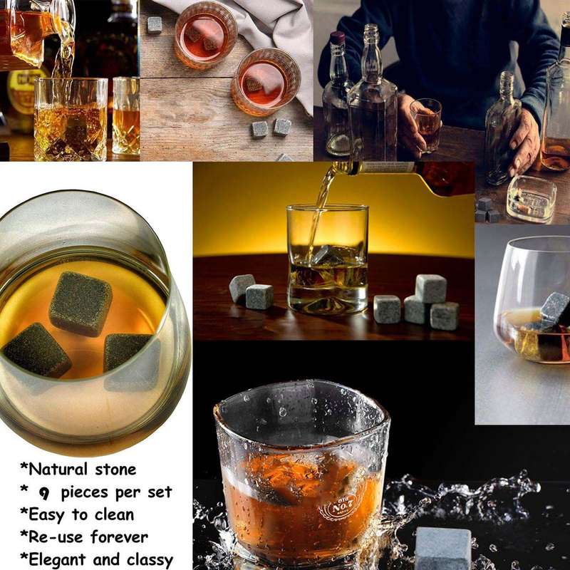Whiskey Drinks Chilling Stone Rocks With Wooden Box &amp; Storage Bag Pack Of 9 Stones