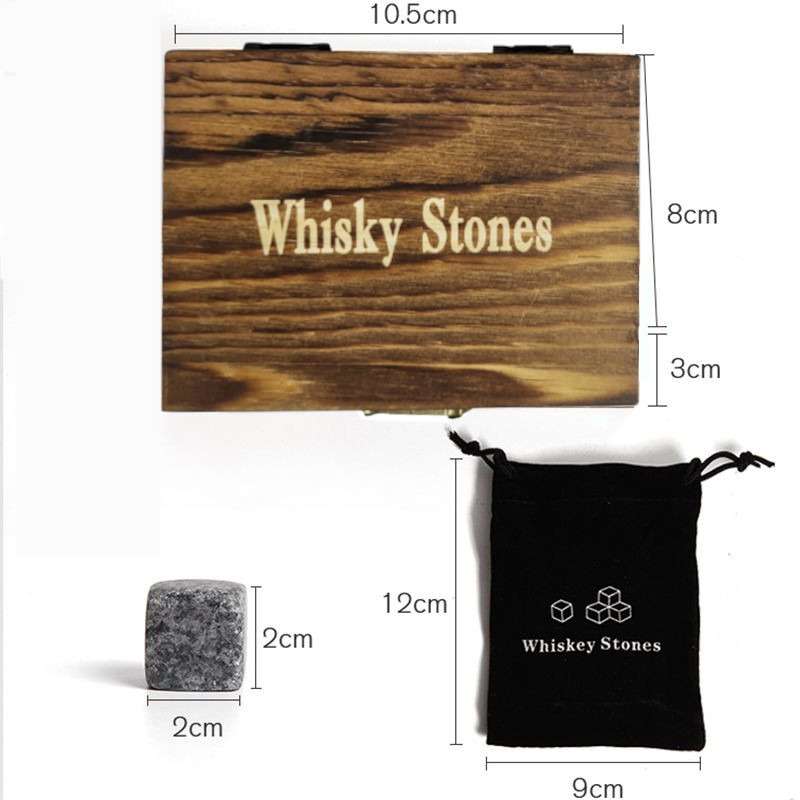 Whiskey Drinks Chilling Stone Rocks With Wooden Box &amp; Storage Bag Pack Of 9 Stones