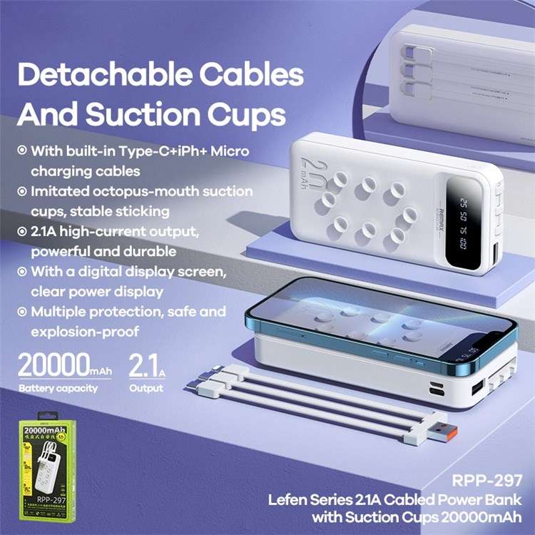 Portable 20,000 mAh Power Bank with Built-In Cables Suction Cups