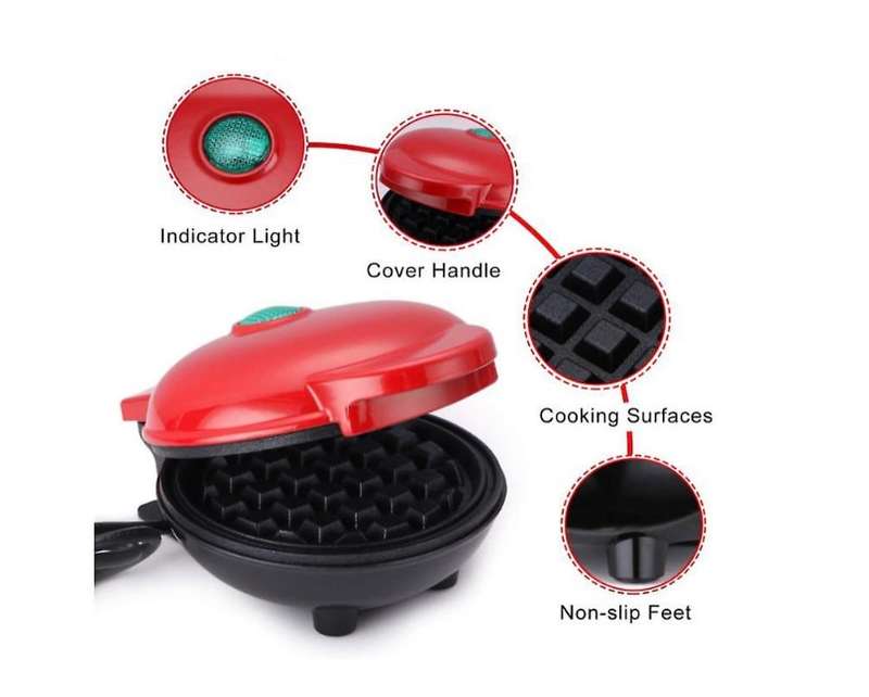 Mini Electric Waffle Maker Non-Stick 350W - Red