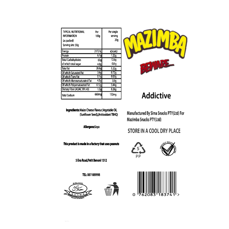 Mazimba Cheese Flavoured Puffs Bale Of 30 Packs 20 Gram