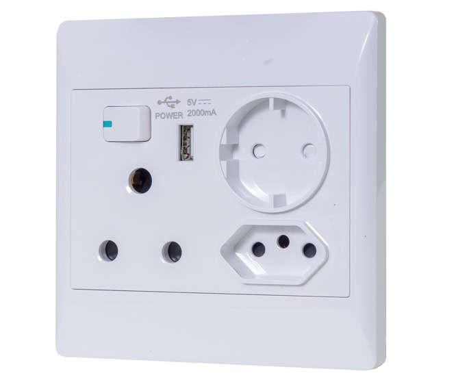 4X4 Multi Mains 16A Wall Socket Shuko, Euro & Usb White Sti-1076