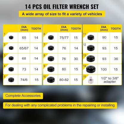 14 Piece Cup Type Oil Filter Wrench in Case Vehicle Tool Kit
