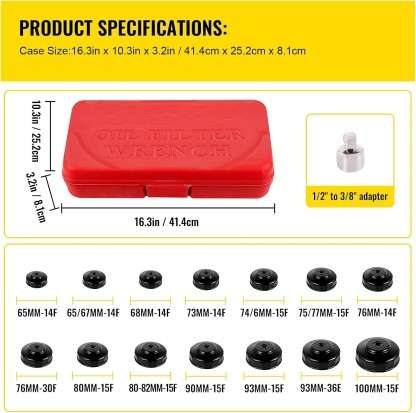 14 Piece Cup Type Oil Filter Wrench in Case Vehicle Tool Kit