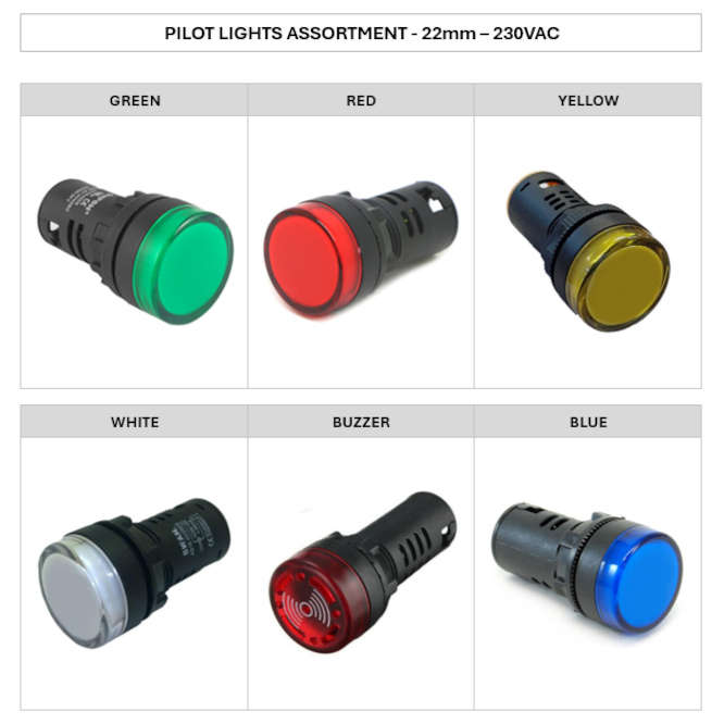 ASSORTMENT OF 22mm 230V LED PILOT LIGHTS ( 12PCS, 2 OF EA. ) AST-PL-22-230-1A