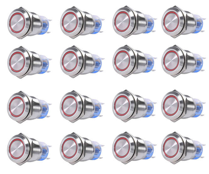 PUSH BUTTON SWITCH NO/NC SPDT 5A 12V M19 D=22 L=35 MOM RED - 40/BOX LAS3-19F-W11EM-RD
