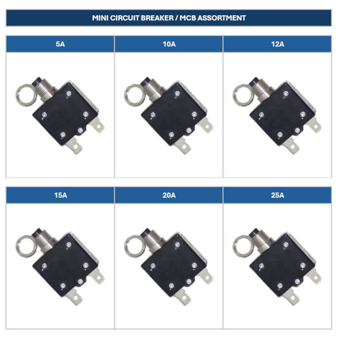 ASSORTMENT OF SIX PANEL MOUNT, SERIES P6708, MINI CIRCUIT BREAKERS 5A-25A P6708-ASS-1