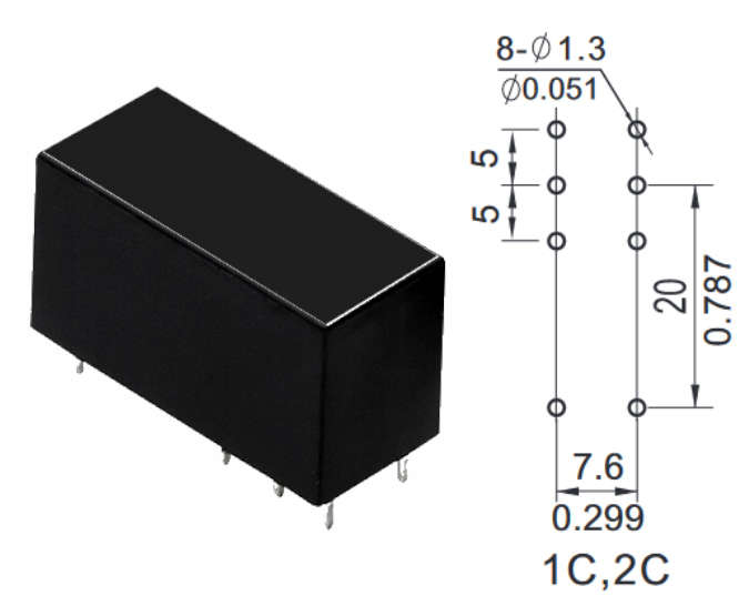 RELAY DPDT 8A 12VDC RECT 8PIN 30x13x16mm NT75-2C-Z-8-DC12V-0.41-5.0