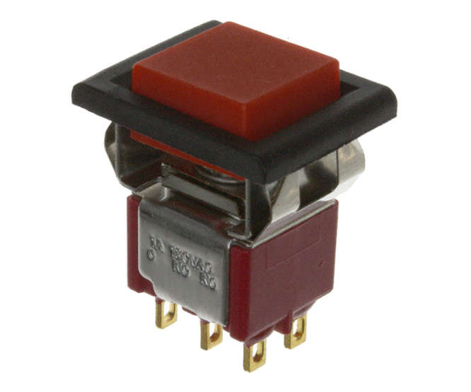 SWITCH PUSH BUTTON DPDT ON-MOM SOL BLACK BODY & RED BUTTON P8702-F32A