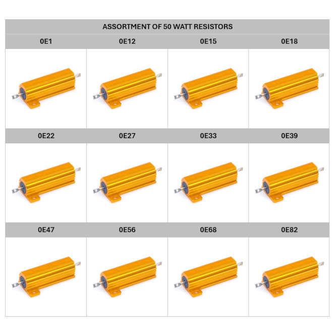 ASSORTMENT OF 12 VALUES OF 50W ALU CLAD RESISTORS 0E1 TO 0E82 RES-ASS-50W-LV1