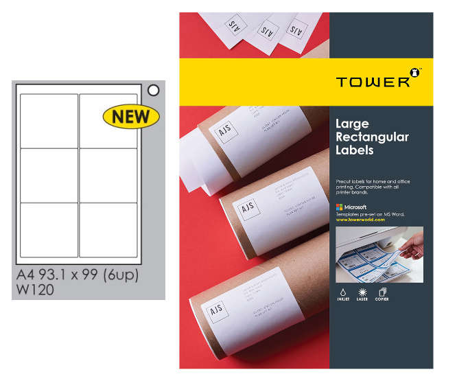 6UP LABEL PACK 93x99mm - 100 SHEETS OF 6 W120