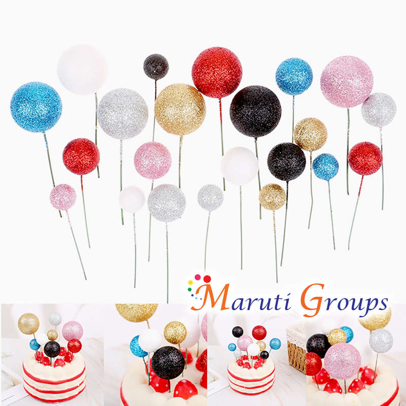 Glitter Faux Balls Cake Topper Set For Cake Decorating - White - 20pc