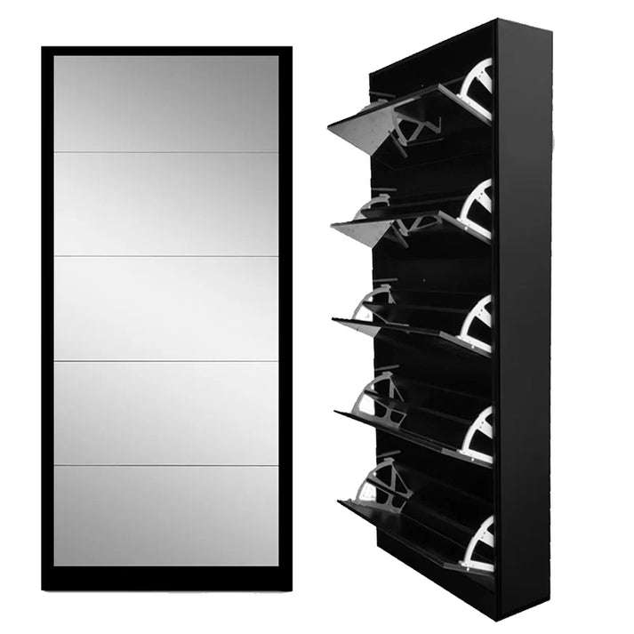 Mirror Shoe Cabinet 5 Tier- Black