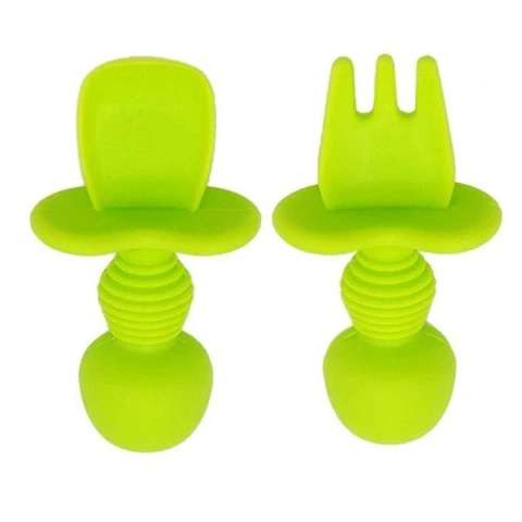 Baby Silicone Spoon & Fork Set - Green