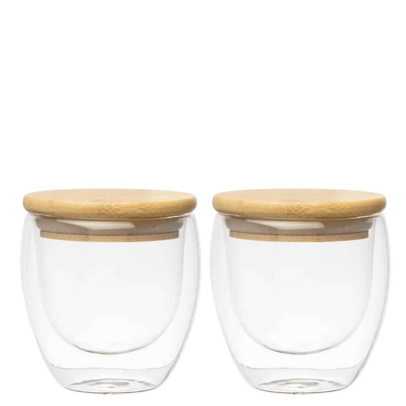 Double Walled Glass with Bamboo Lid - 250ml set of 2