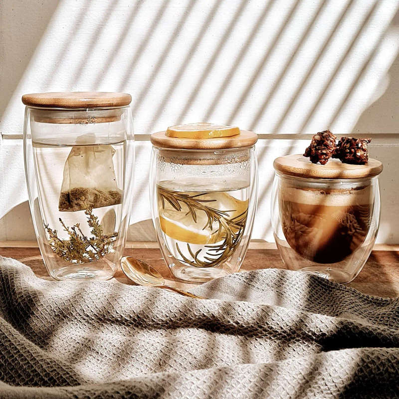 Double Walled Glass with Bamboo Lid - 250ml set of 2