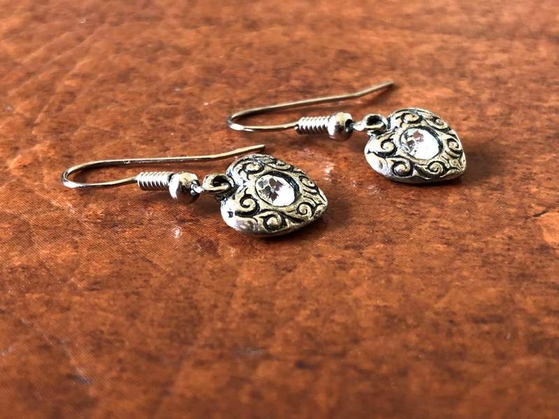 Earrings - Drops With Small Hearts. Large White Stone Inlay #ML115