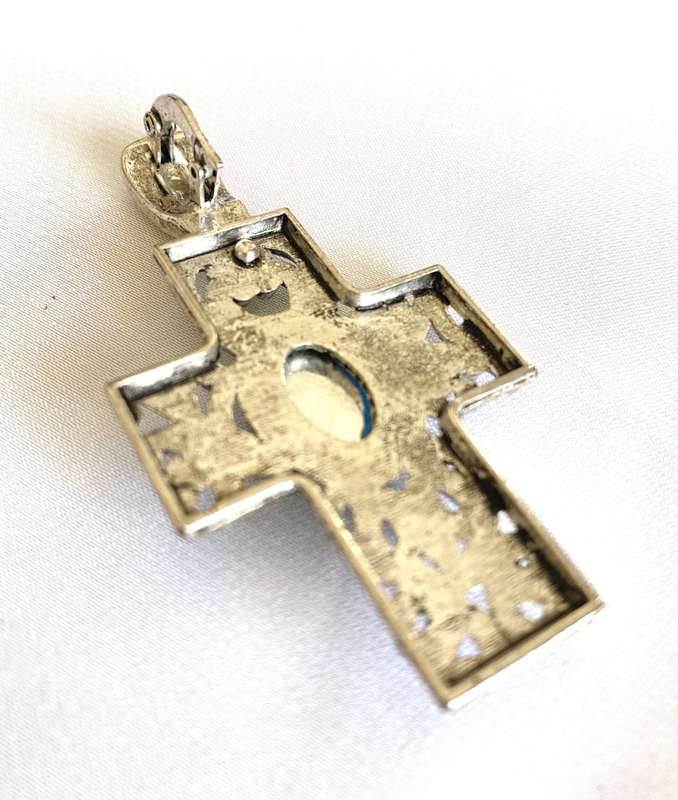 Pendant - Vintage Style Swirl Patterned Cross with Large Blue Centre Stone. Silver Colour #ML146