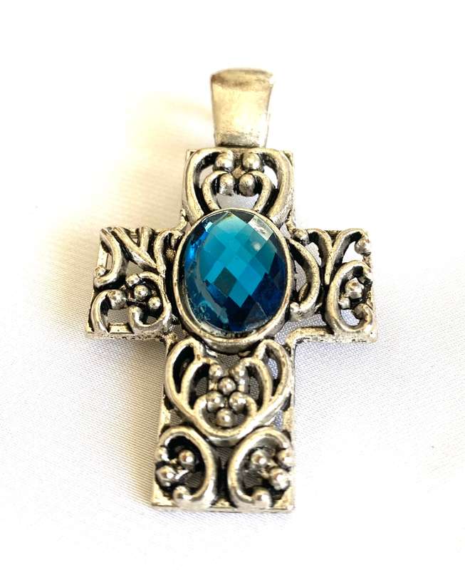 Pendant - Vintage Style Swirl Patterned Cross with Large Blue Centre Stone. Silver Colour #ML146