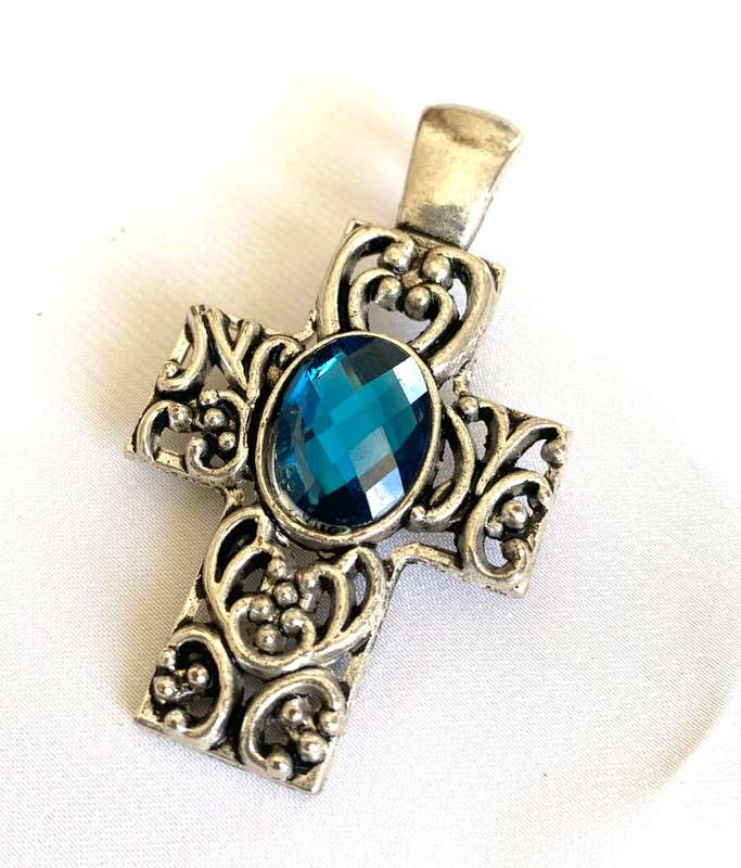 Pendant - Vintage Style Swirl Patterned Cross with Large Blue Centre Stone. Silver Colour #ML146