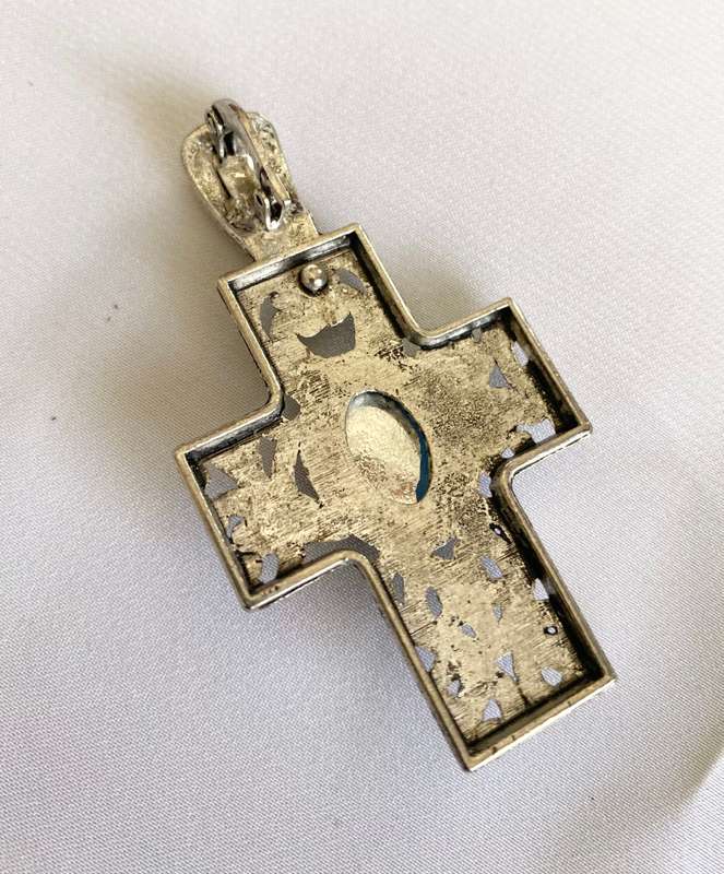 Pendant - Vintage Style Swirl Patterned Cross with Large Blue Centre Stone. Silver Colour #ML146