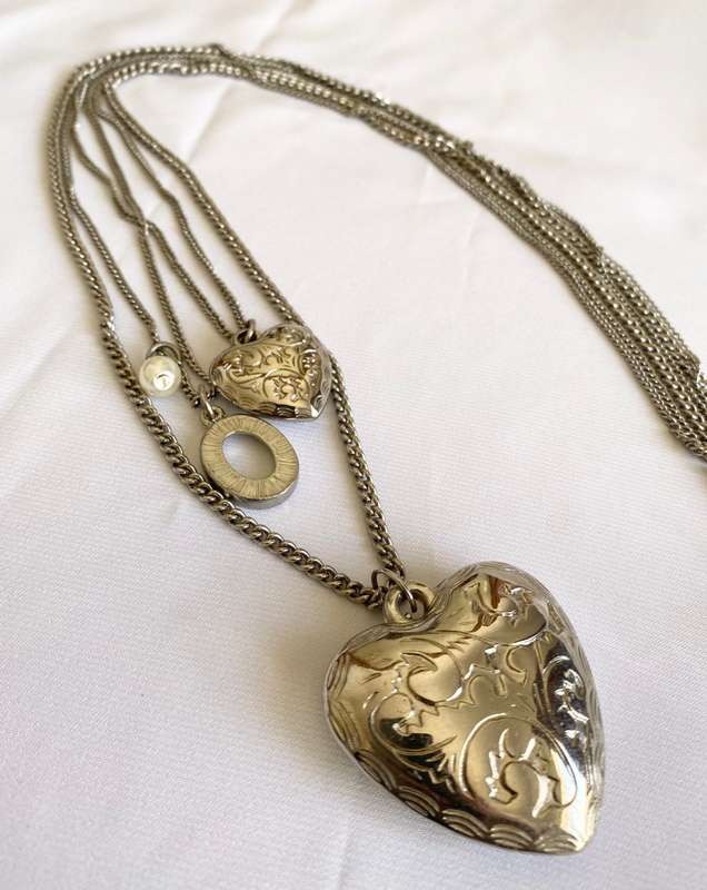 Necklace - Long Chain with 2 Heart Pendants. Silver Colour #ML148