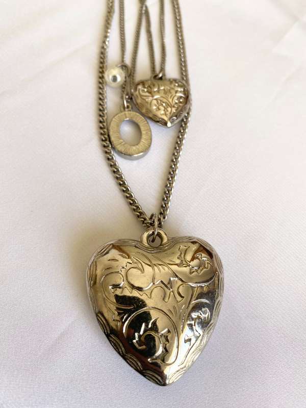 Necklace - Long Chain with 2 Heart Pendants. Silver Colour #ML148