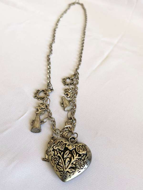 Necklace - Silver Tone Heart Pendant on Chain with Charms #ML164