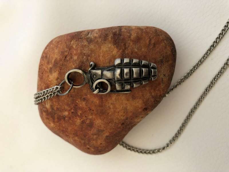Pendant - Grenade Design With Chain. Silver Colour #ML305
