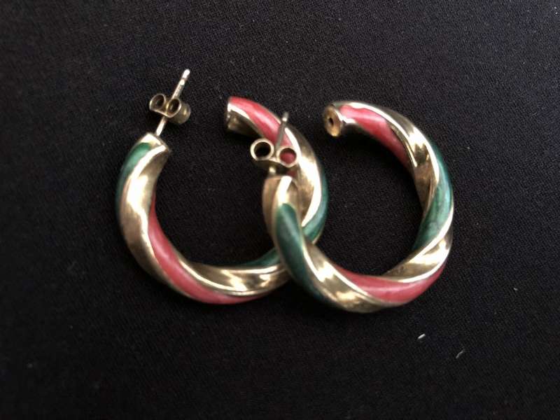 925 Silver Gilt Earrings - Round Loops, Gold Colour With Green & Red Stripes #ML189 R150.00