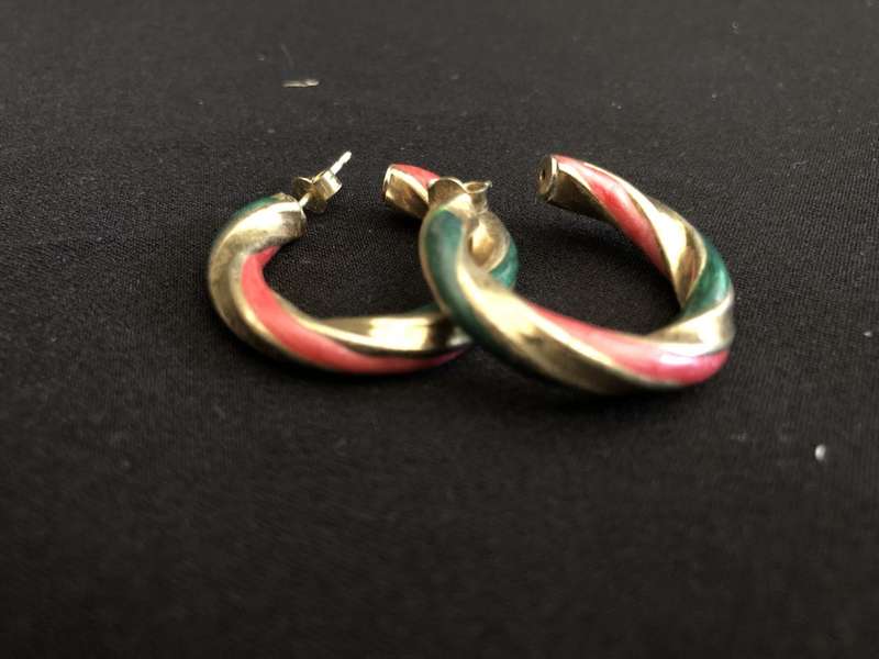 925 Silver Gilt Earrings - Round Loops, Gold Colour With Green & Red Stripes #ML189 R150.00
