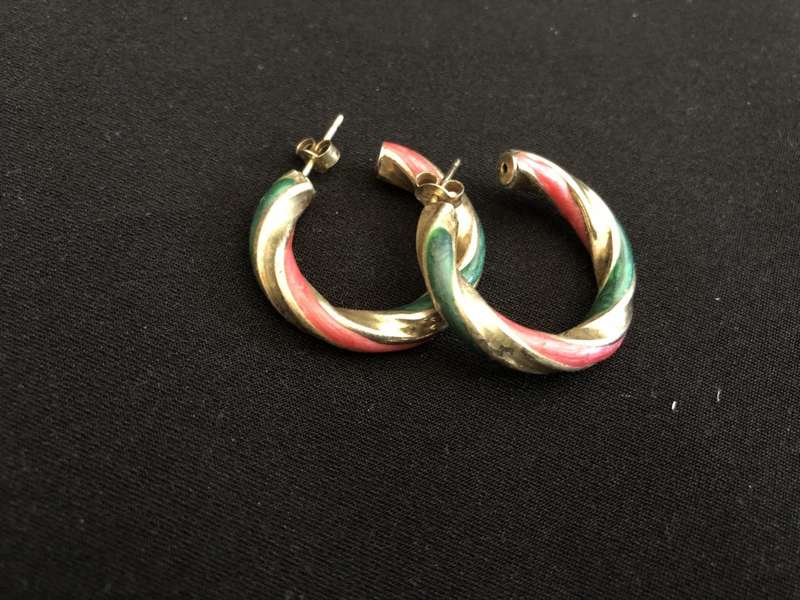 925 Silver Gilt Earrings - Round Loops, Gold Colour With Green & Red Stripes #ML189 R150.00