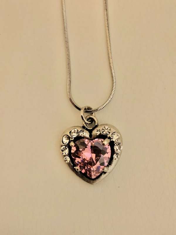 Necklace - Heart Pendant With Large Pink Stone on Chain. Silver Colour #ML090
