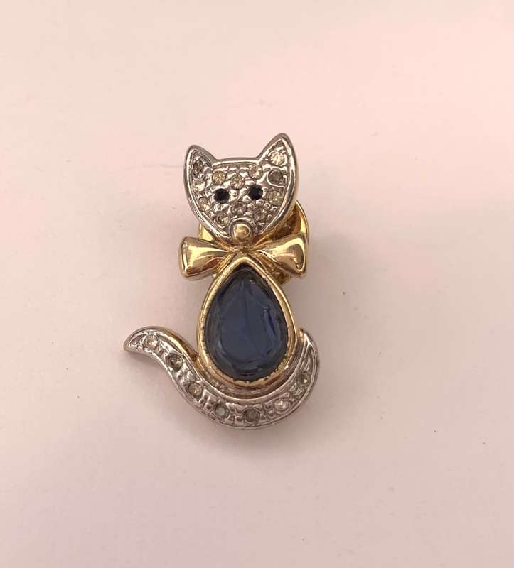 Lapel Pin / Brooch - Cat With Diamante and Tear Shaped Blue Bead. Silver and Gold Colour #ML1006 ...