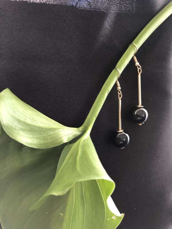Earrings - Drops With Black Baubles. Gold Colour #ML198