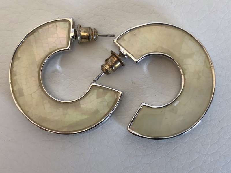 Silver Tone Earrings - Half Moon Mother of Pearl Look with Diamante Edge #ML267 R220.00 | Dimensi...