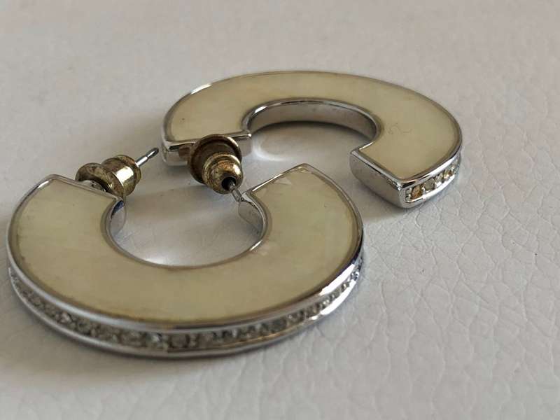 Silver Tone Earrings - Half Moon Mother of Pearl Look with Diamante Edge #ML267 R220.00 | Dimensi...