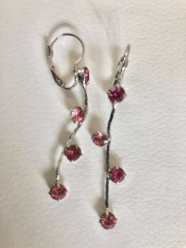 Earrings - Drops With Pink Stones, Very Dainty. Silver Colour #ML269