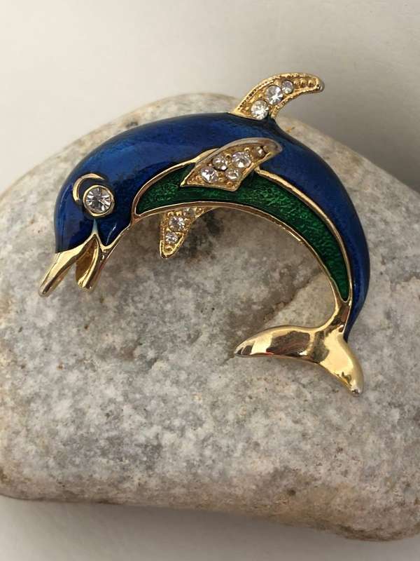 Gold Tone Dolphin Brooch With Blue And Green Colour Splashes And White Stones #ML347 R195.00 | Di...