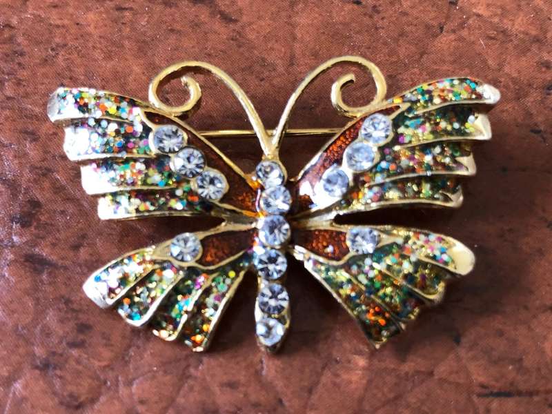 Gold Plated Butterfly Brooch With Bronze, Green And Diamante Stones #ML401 R120.00 | Dimensions: ...