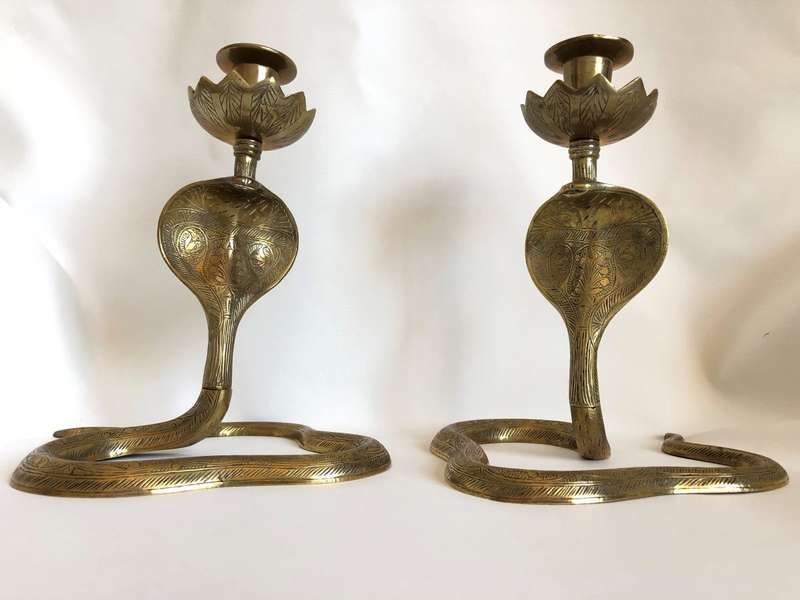 Used Pair of Brass Candlesticks, Cobra Snake Design, Indian (Tamal)