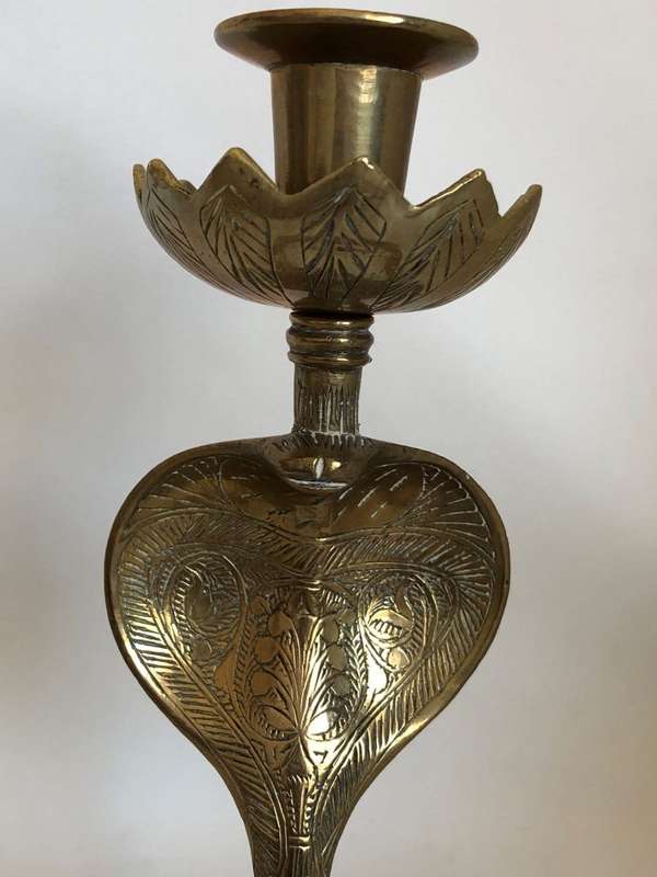 Used Pair of Brass Candlesticks, Cobra Snake Design, Indian (Tamal)