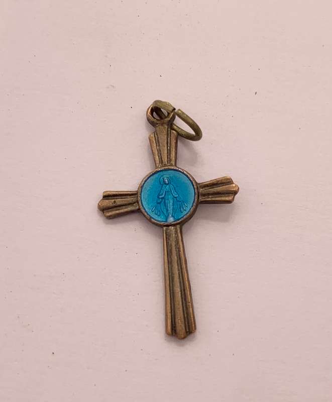 Pendant - Fluted Cross With Blue Insert Of Mother Mary and 12 Stars at Centre. Mary Symbol. Silve...