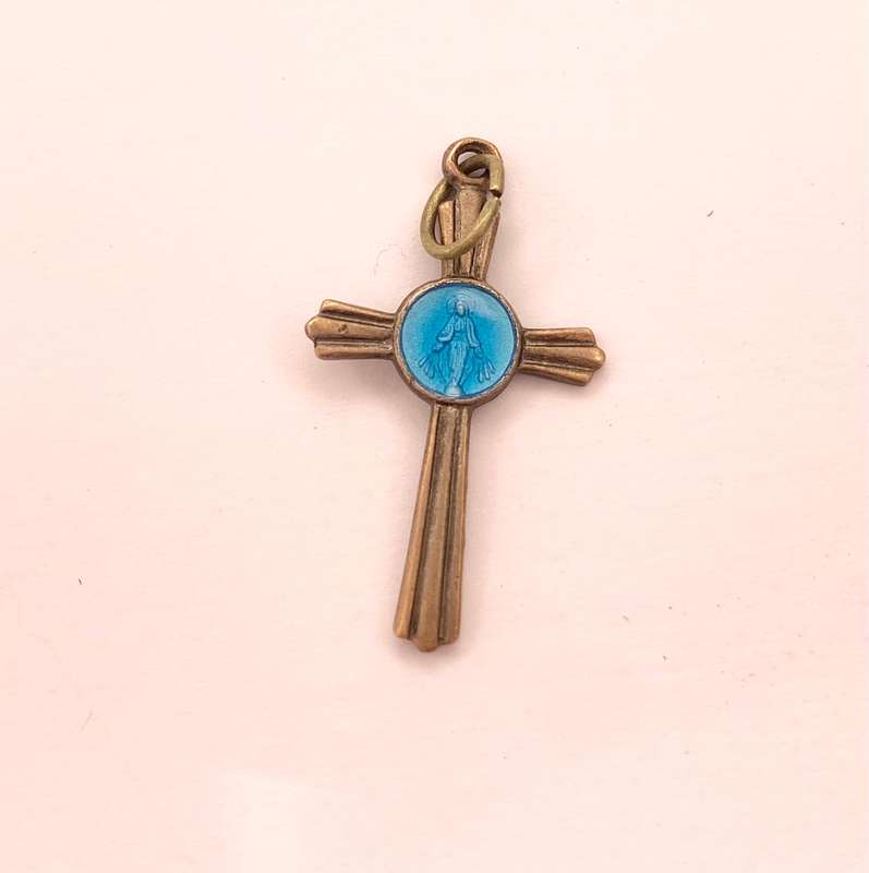 Pendant - Fluted Cross With Blue Insert Of Mother Mary and 12 Stars at Centre. Mary Symbol. Silve...