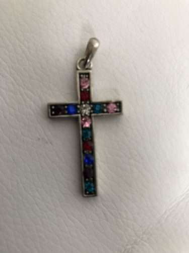 Silver Plated Small Cross Pendant with Coloured Stones #ML410| Dimensions: 44mm by 20mm